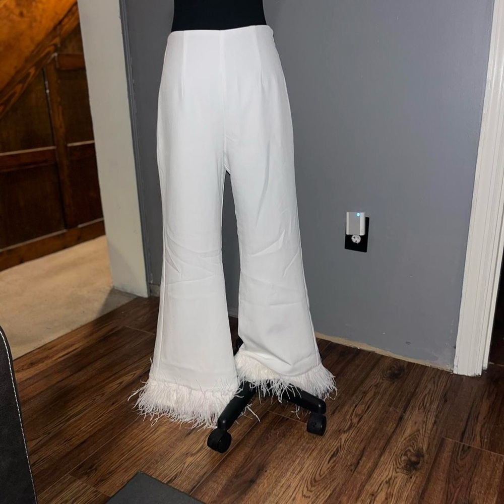White Flared Pants with Feather Hem - 4